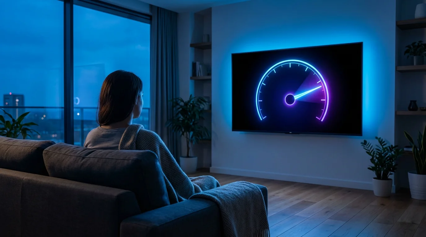 A person views an internet speed test gauge on a large TV screen.