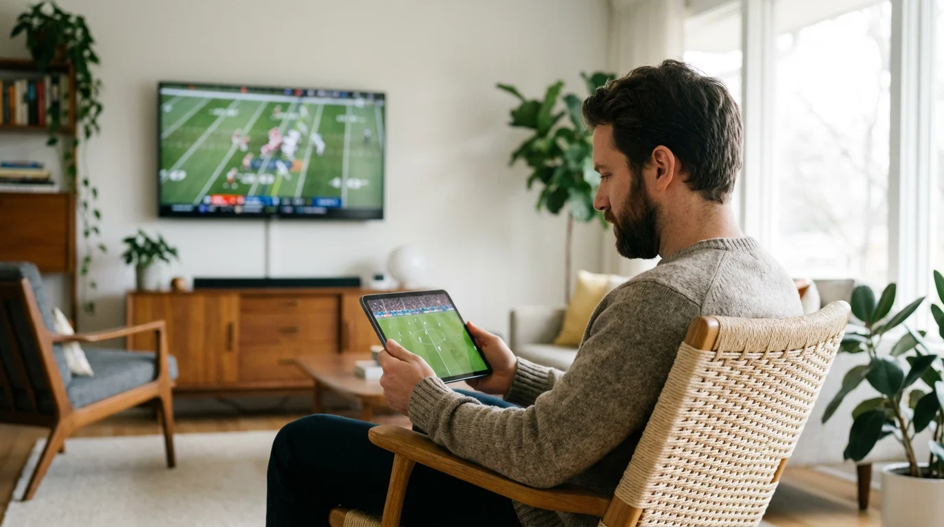 A person watches a soccer game on a tablet in their modern living room.