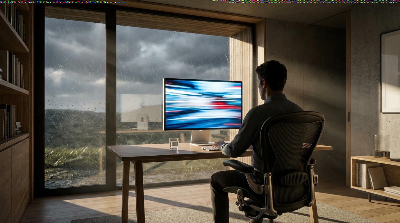 A person watching a hockey game on a large computer monitor in a home office.