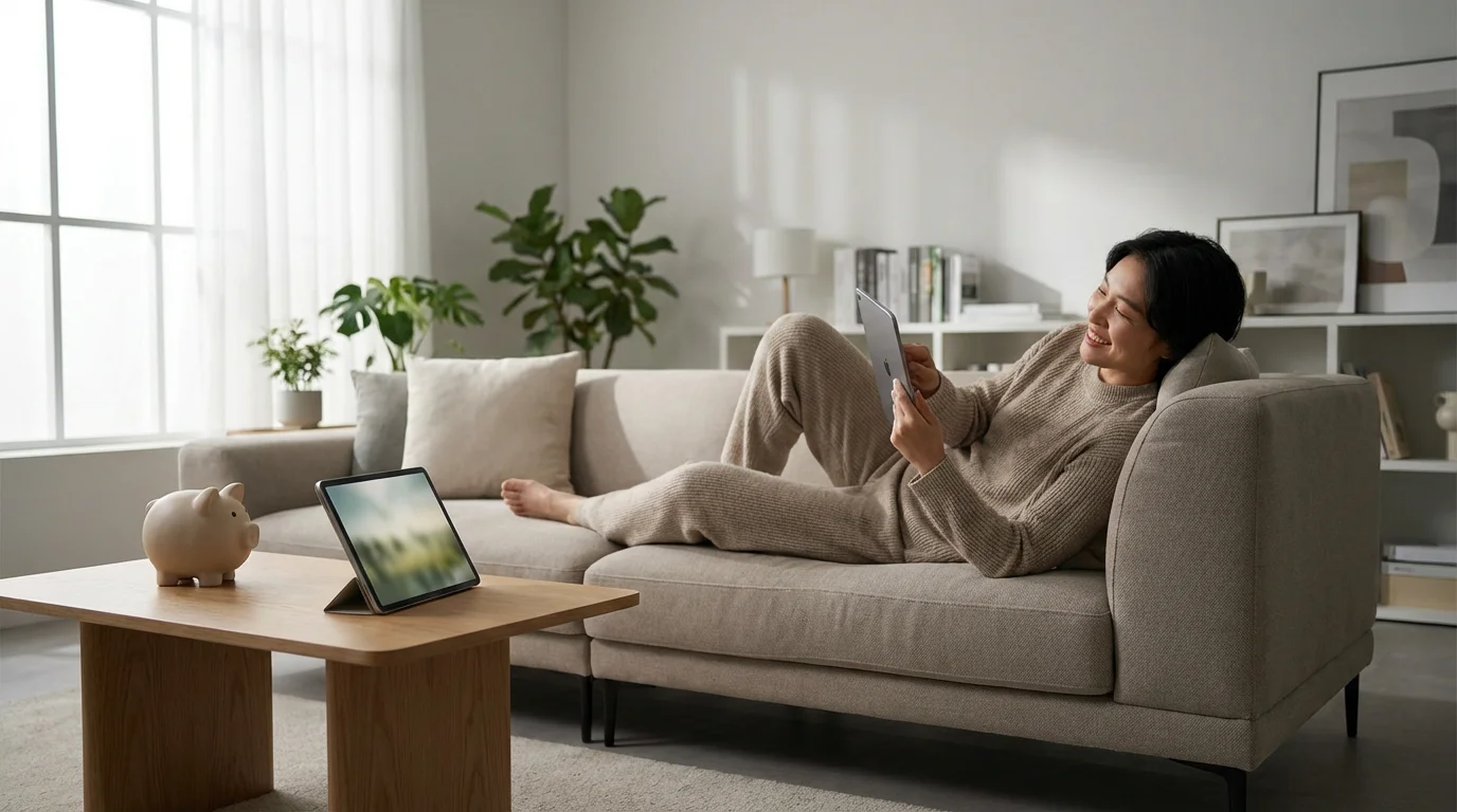 A person watching a tablet next to a piggy bank on a coffee table.
