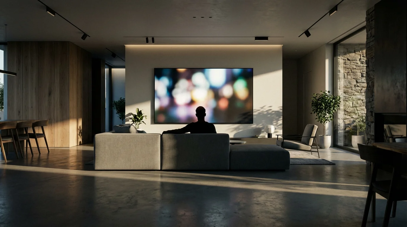 A person watching a TV in a modern living room with dramatic afternoon shadows.