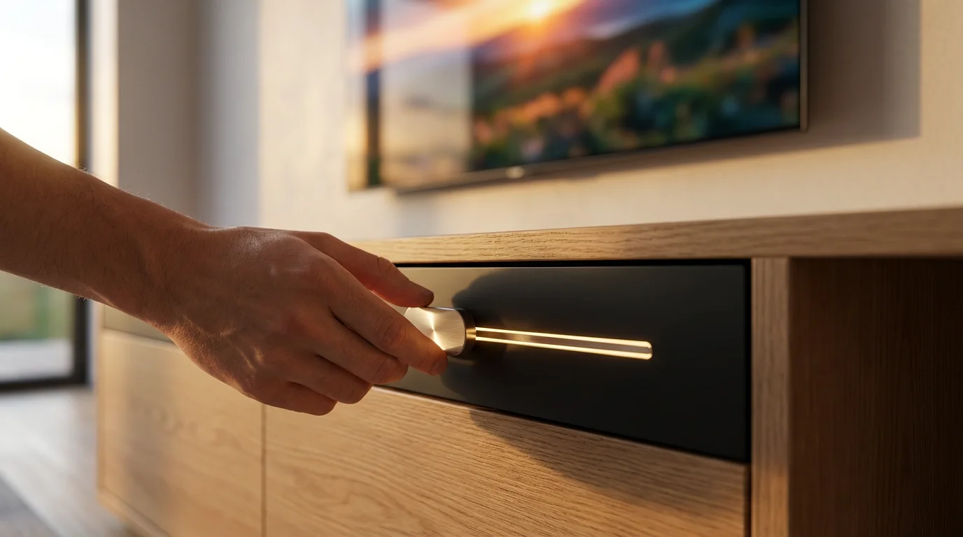 A person's hand adjusting a glowing slider on a modern media console at sunset.
