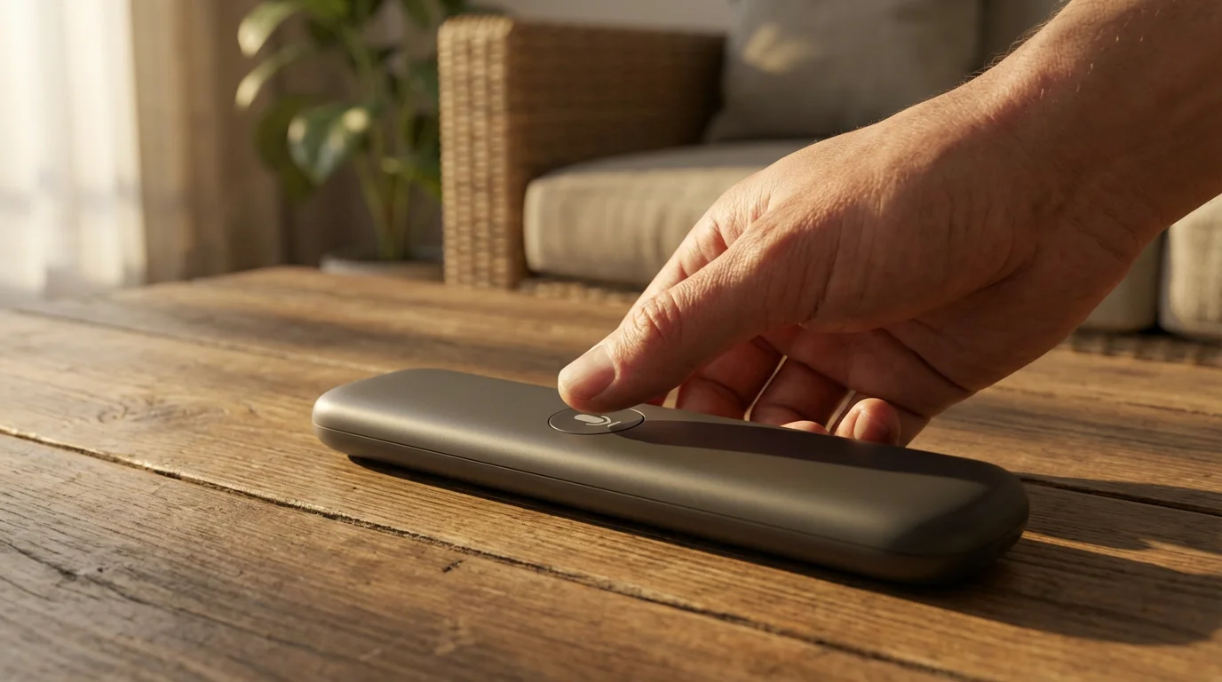 A person's hand holding a generic streaming remote to use its voice command feature.
