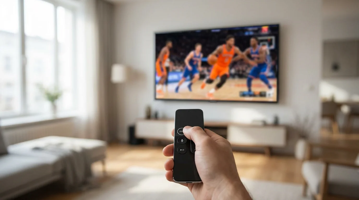 A person's hand holding a smart TV remote with a basketball game on television.