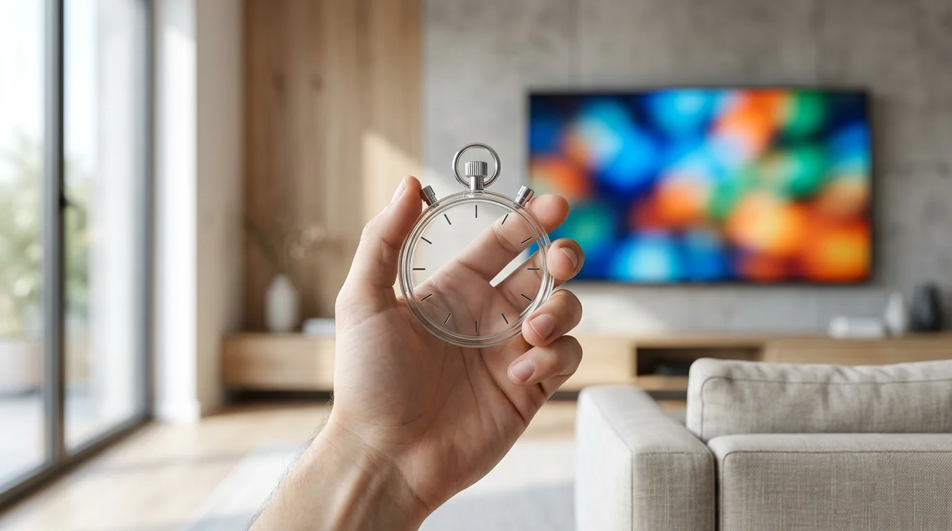 A person's hand holds a sleek glass stopwatch in a bright, modern living room.