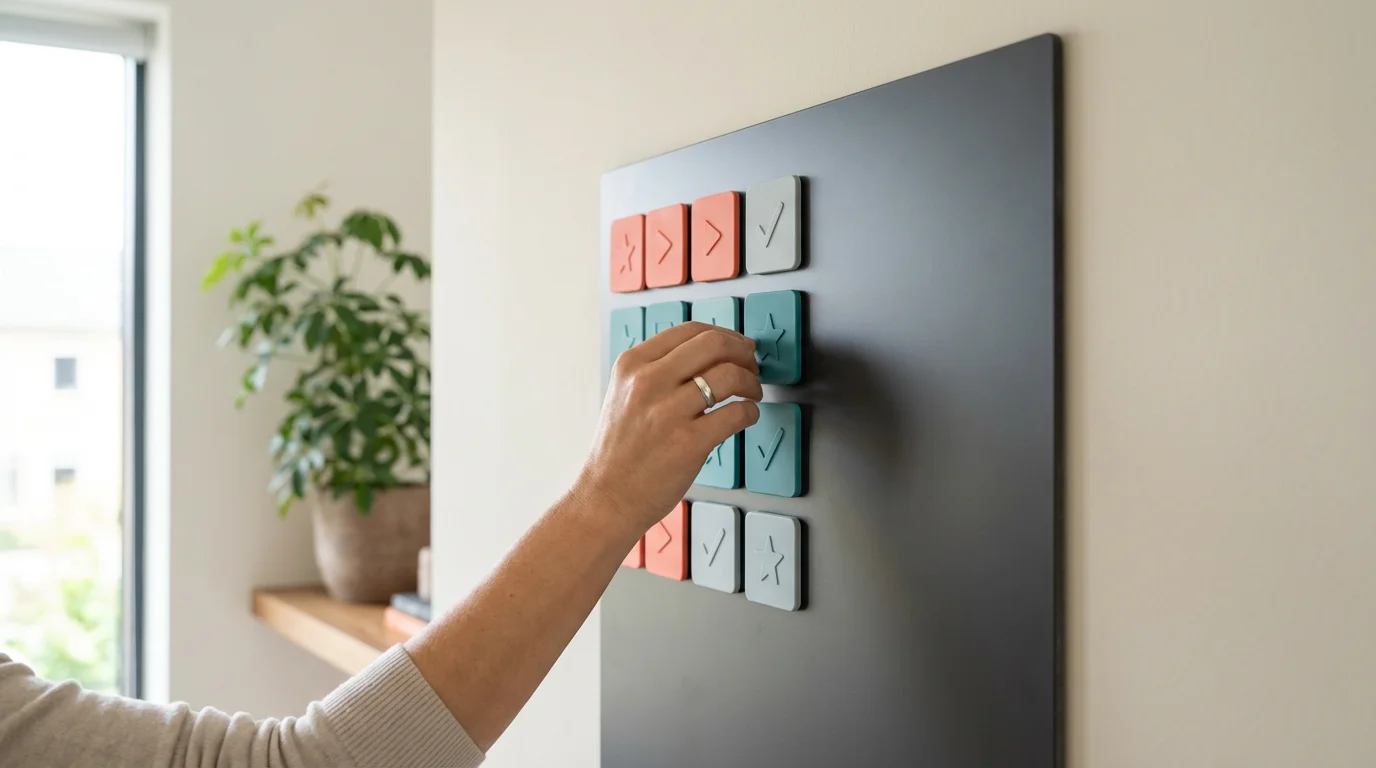 A person's hand organizes colorful tiles with icons on a modern magnetic planning board.