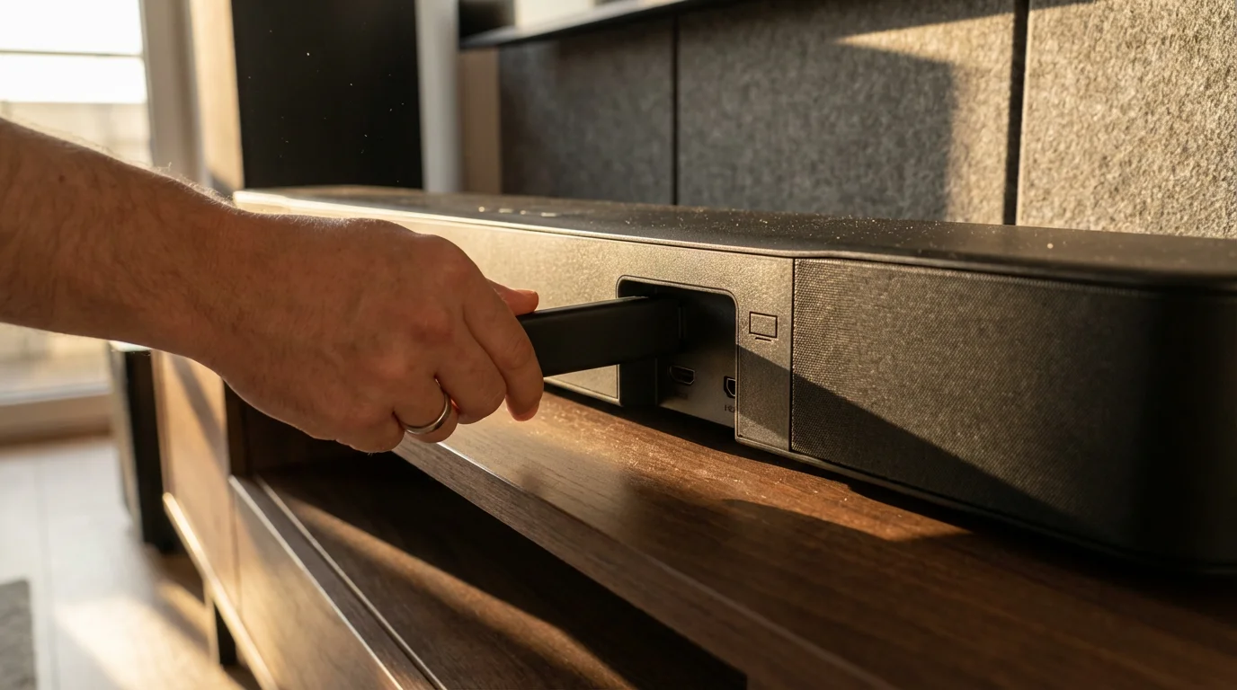 A person's hand plugging a generic black streaming stick into a soundbar's HDMI port.