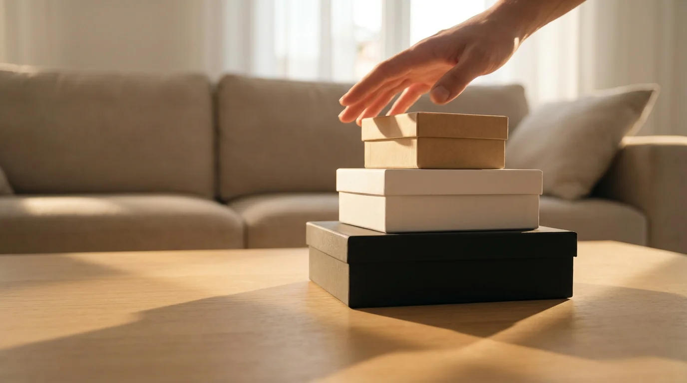 A person's hand reaching to choose one of three different-sized boxes during golden hour.