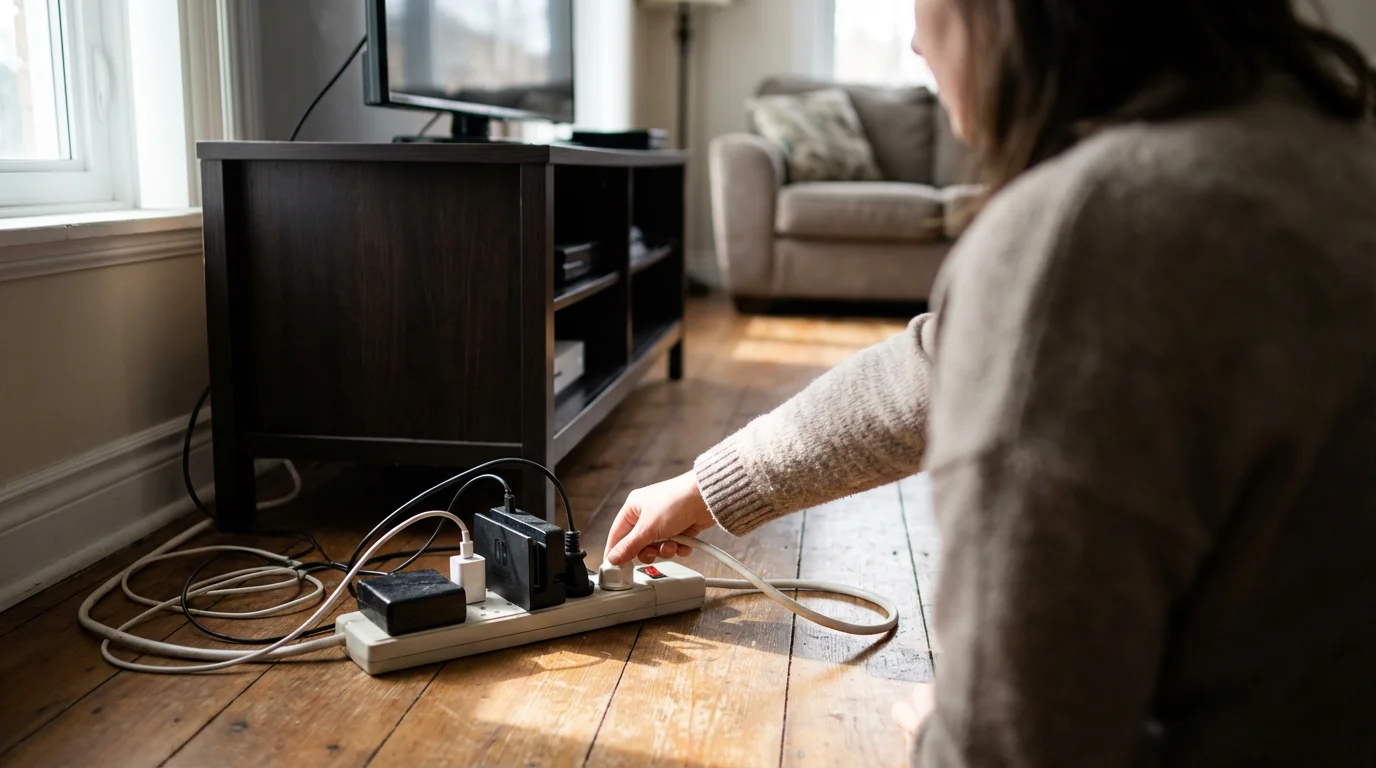 A person's hand unplugging a device from a power strip to reduce network congestion.