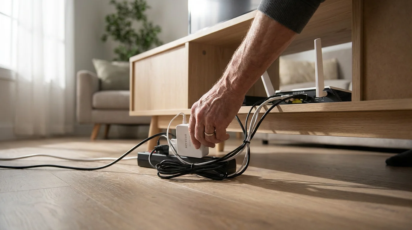 A person's hand unplugging a Wi-Fi router's power cord from a power strip.