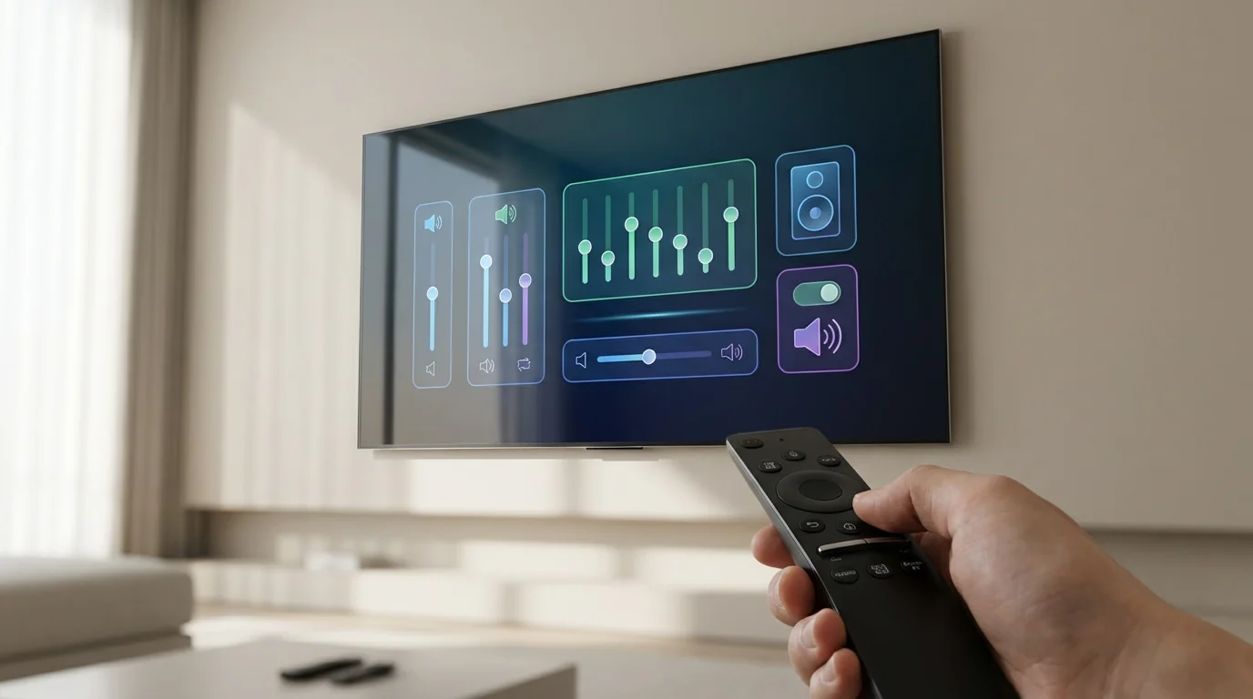 A person's hand using a remote to change a television's on-screen audio settings.