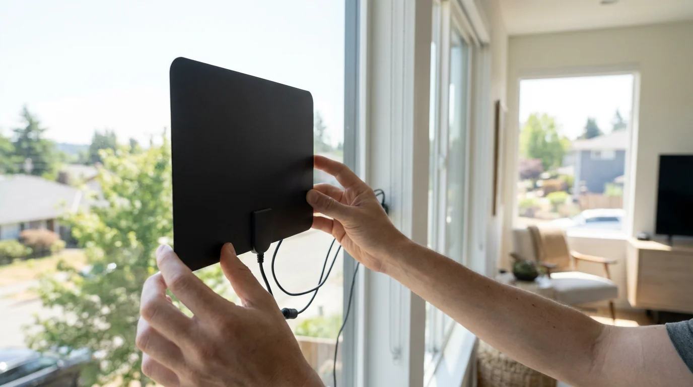 A person's hands carefully holding a flat indoor TV antenna against a window to optimize reception.