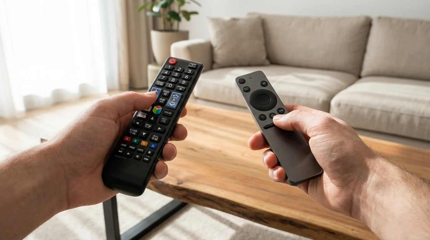 A person's hands comparing a clunky smart TV remote with a sleek streaming remote.