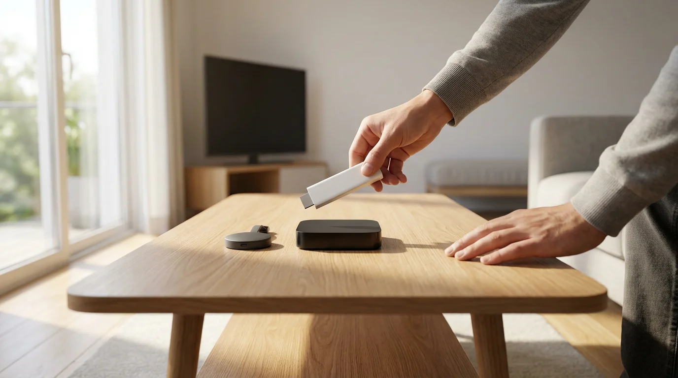 A person's hands comparing different streaming devices on a modern coffee table.
