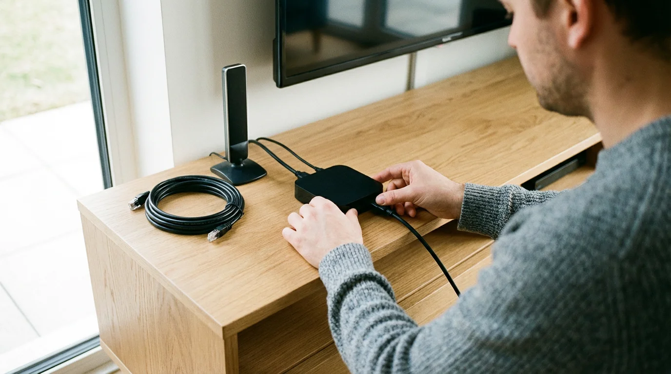 A person's hands connecting an HD antenna and streaming media player to a television.