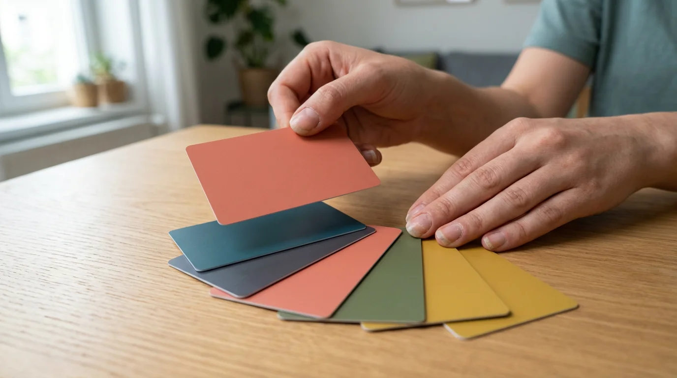 A person's hands fanned out holding different colored blank cards, choosing one.