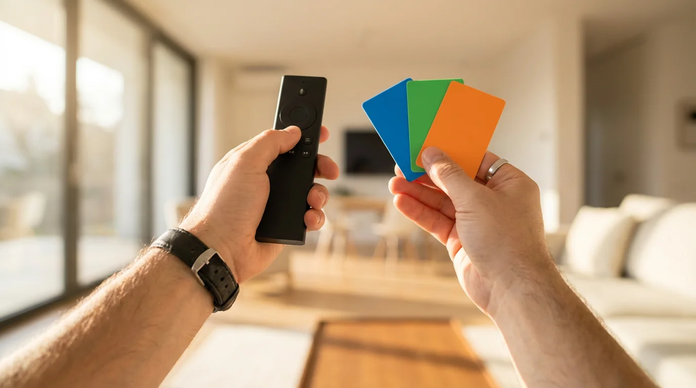 A person's hands holding a remote control and credit cards, comparing streaming service costs.