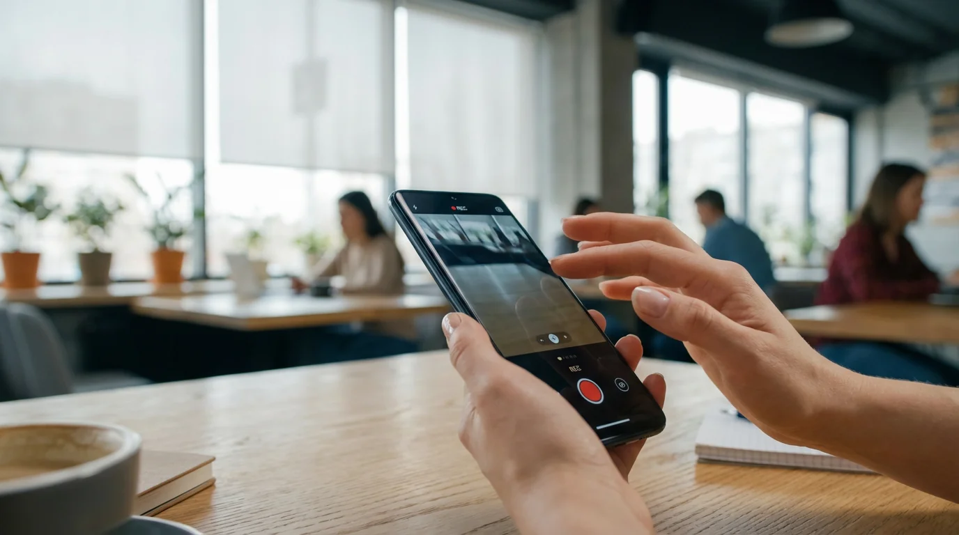 A person's hands holding a smartphone in a cafe, about to remotely set a recording.