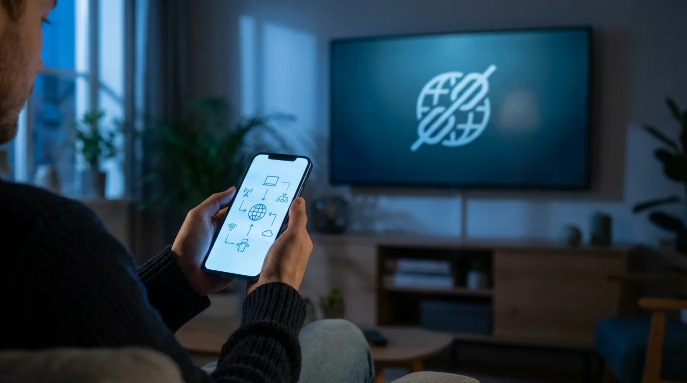 A person's hands holding a smartphone to troubleshoot a television network connection issue.