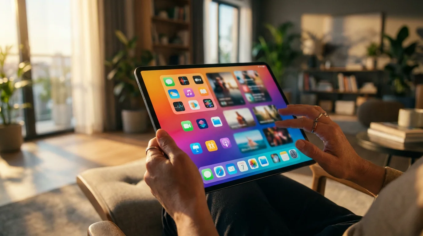 A person's hands holding a tablet displaying a grid of streaming service app icons.