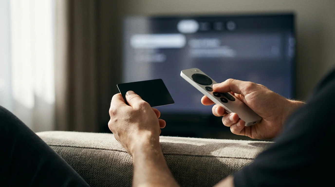 A person's hands holding a television remote and a credit card in a sunlit living room.