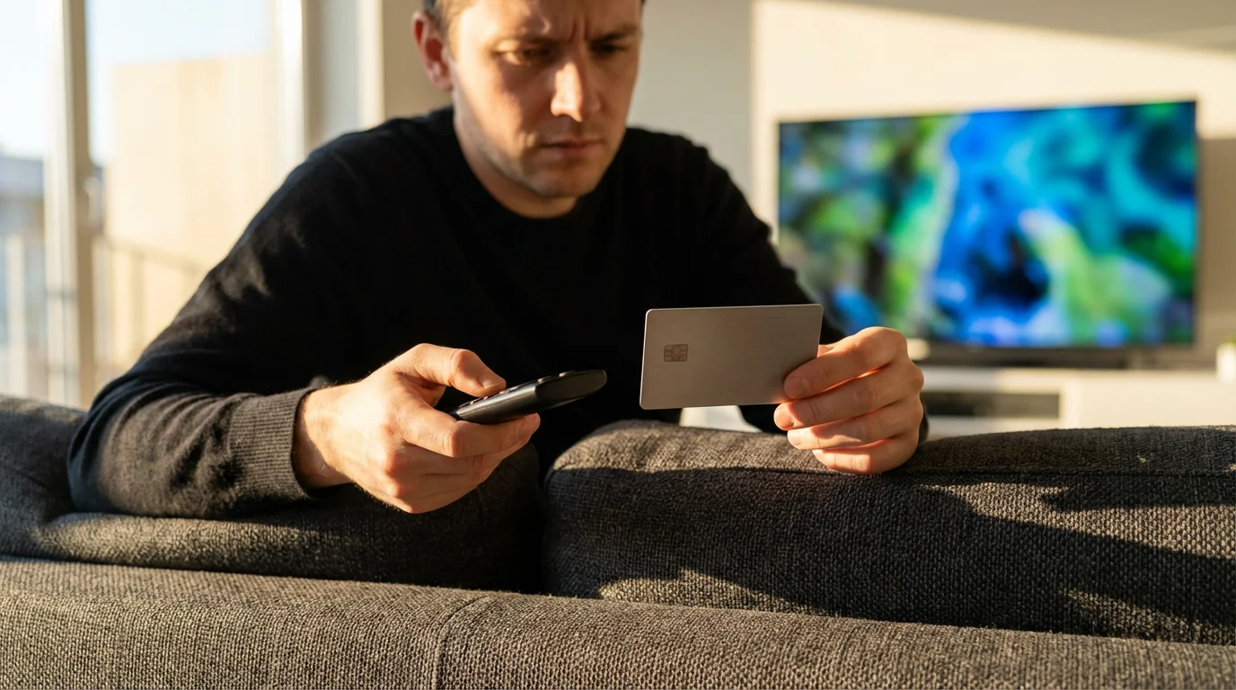 A person's hands holding a TV remote and a credit card, considering streaming service costs.