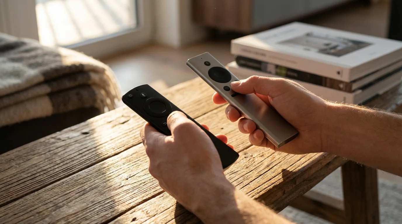A person's hands holding and comparing two different streaming television remotes in a living room.