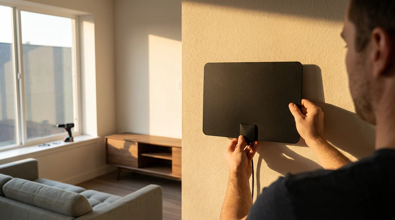 A person's hands installing a modern, flat OTA antenna on a living room wall.