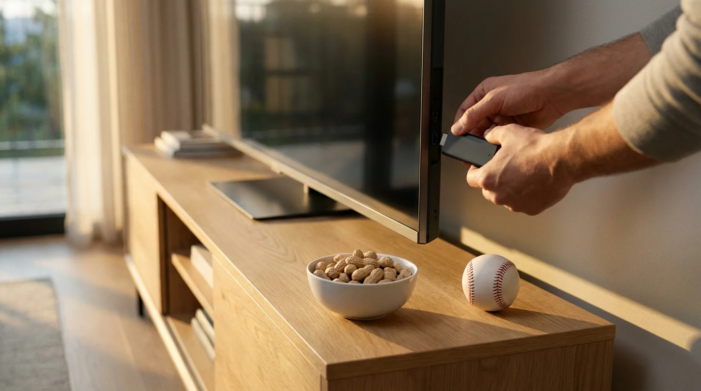 A person's hands plugging a streaming device into a TV near a bowl of peanuts.