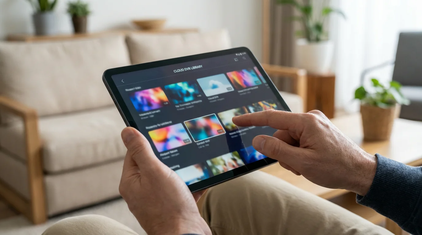 A person's hands scrolling through a cloud DVR library on a modern tablet.