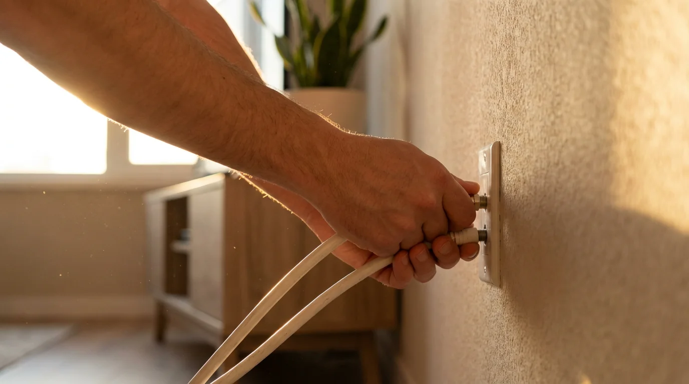 A person's hands unplugging a coaxial cable from a wall outlet during golden hour.
