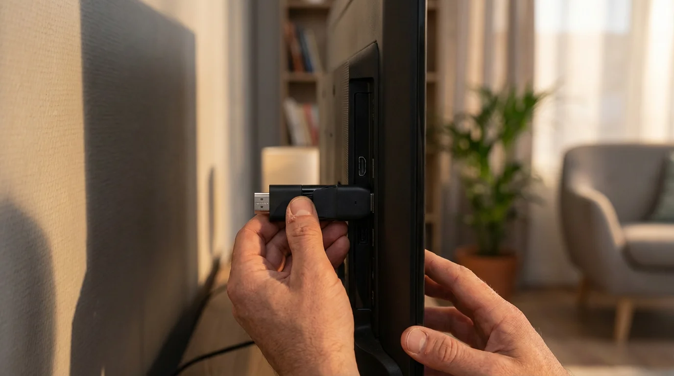 A person's hands unplugging a streaming media stick from the back of a television.