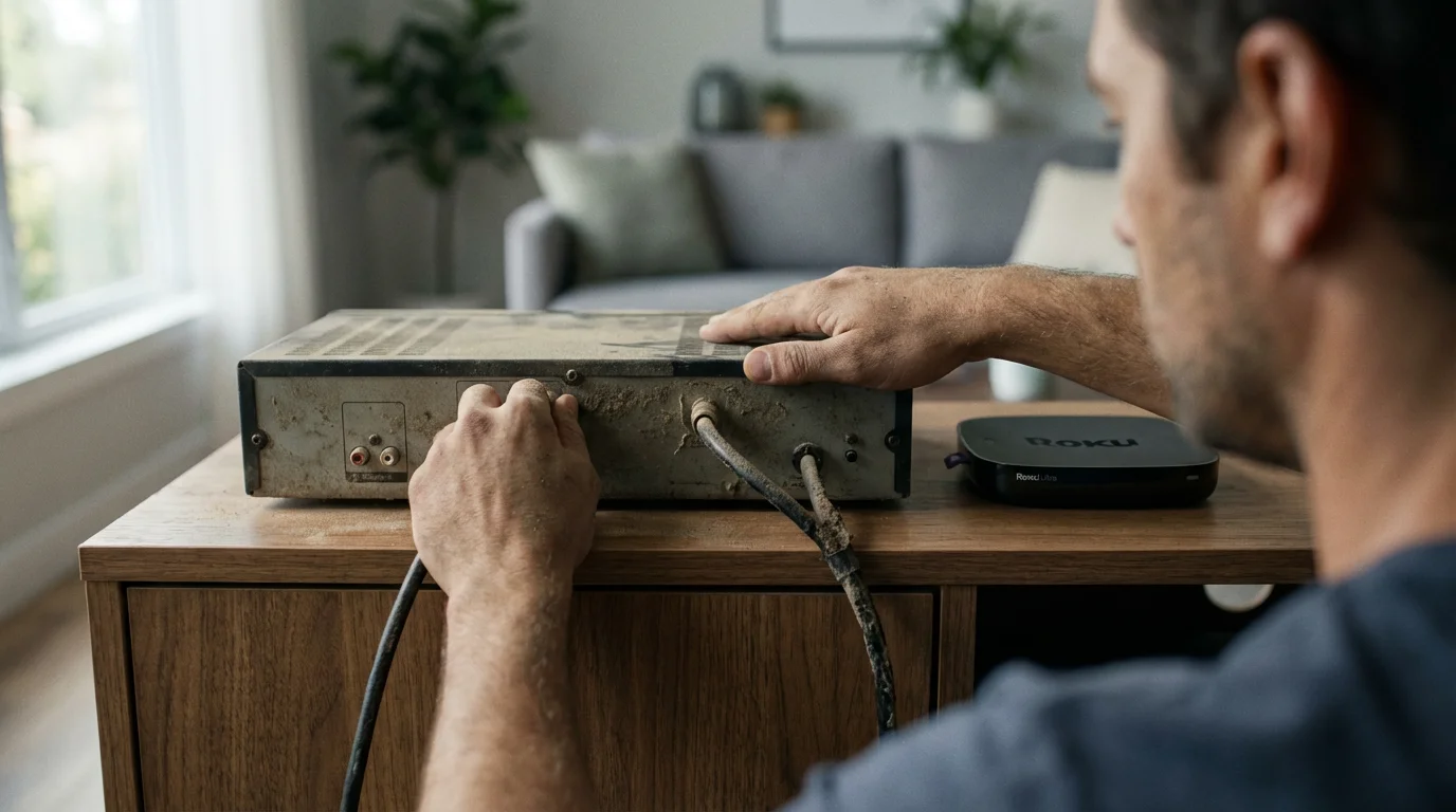 A person's hands unplugging an old cable box to switch to a streaming device.