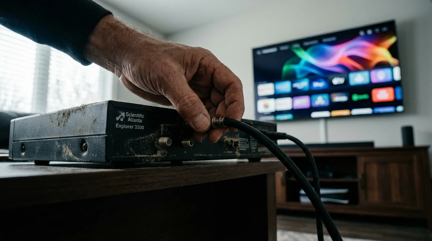 A person's hands unplugging an old cable box, with a modern TV behind.