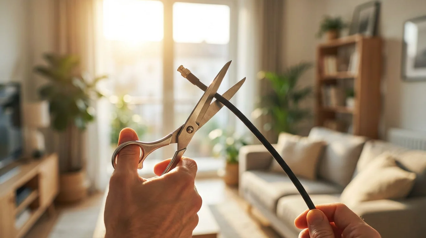 A person's hands use scissors to cut a black coaxial cable in a sunlit room.