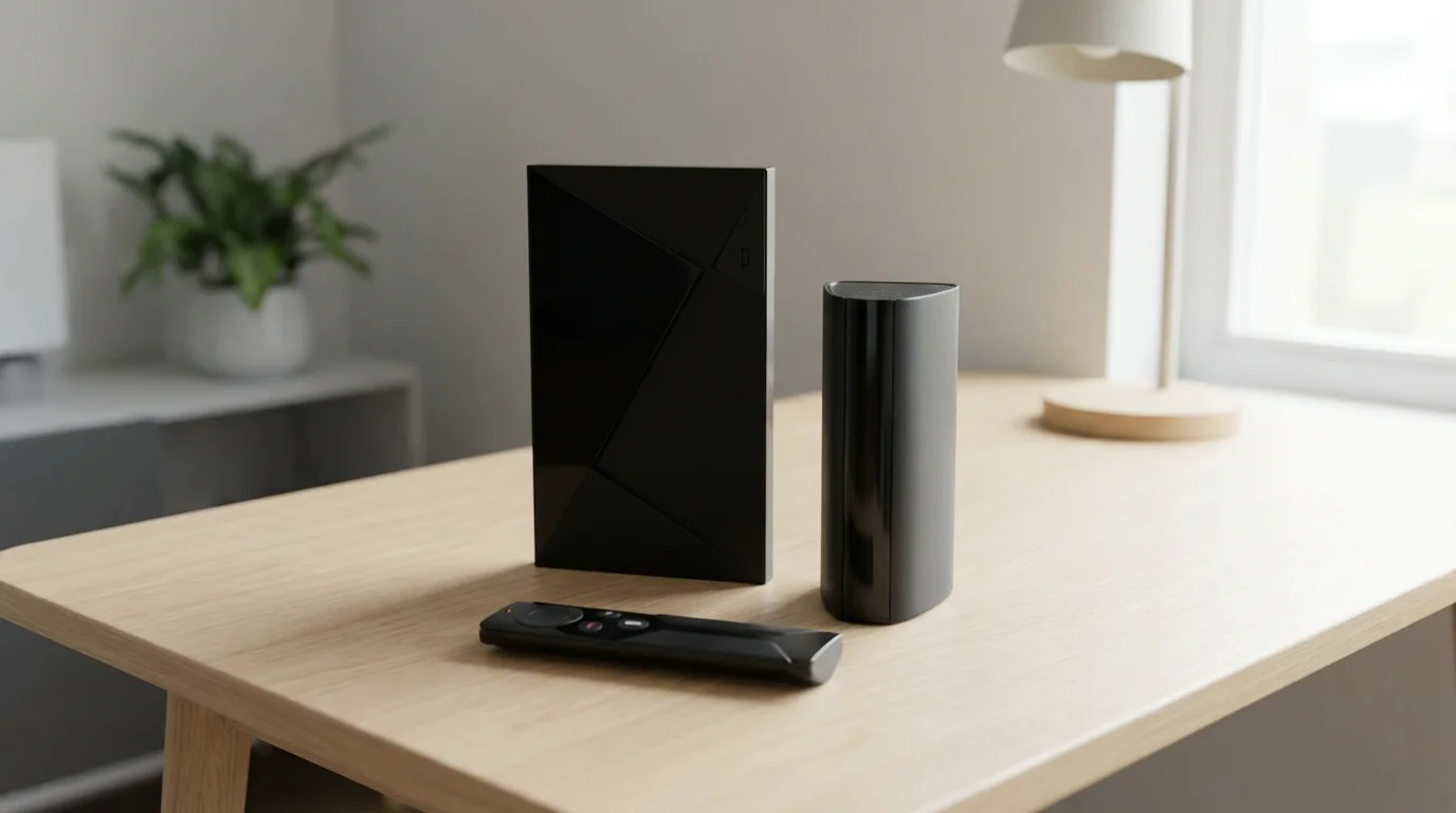 A photorealistic comparison shot of the Nvidia Shield TV Pro and 'tube' models.