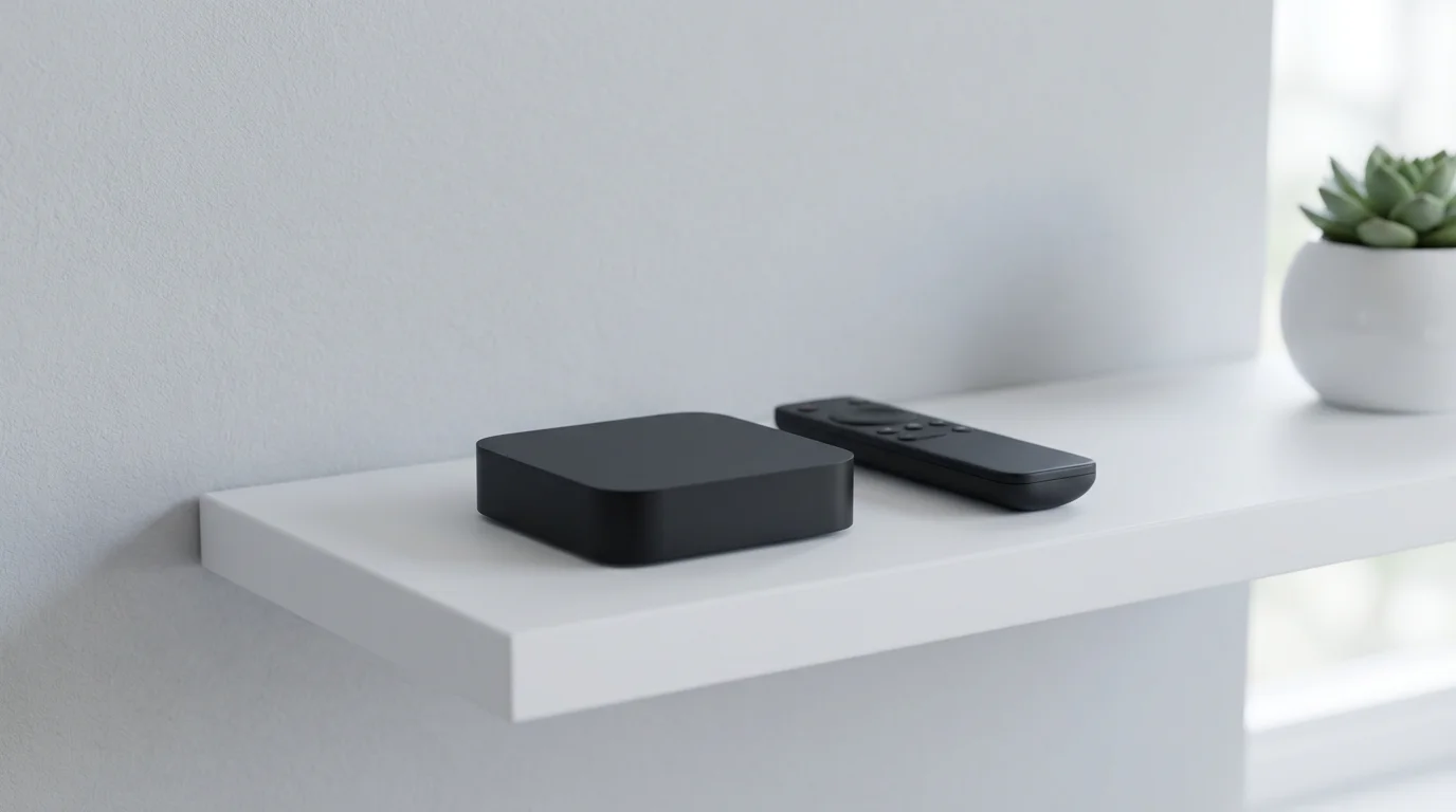 A photorealistic eye-level view of a Roku Express streaming device and remote on a shelf.