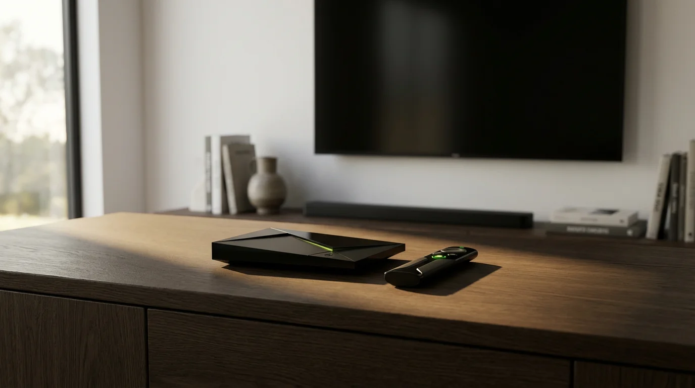 A photorealistic Nvidia Shield TV Pro and remote on a media console in afternoon light.