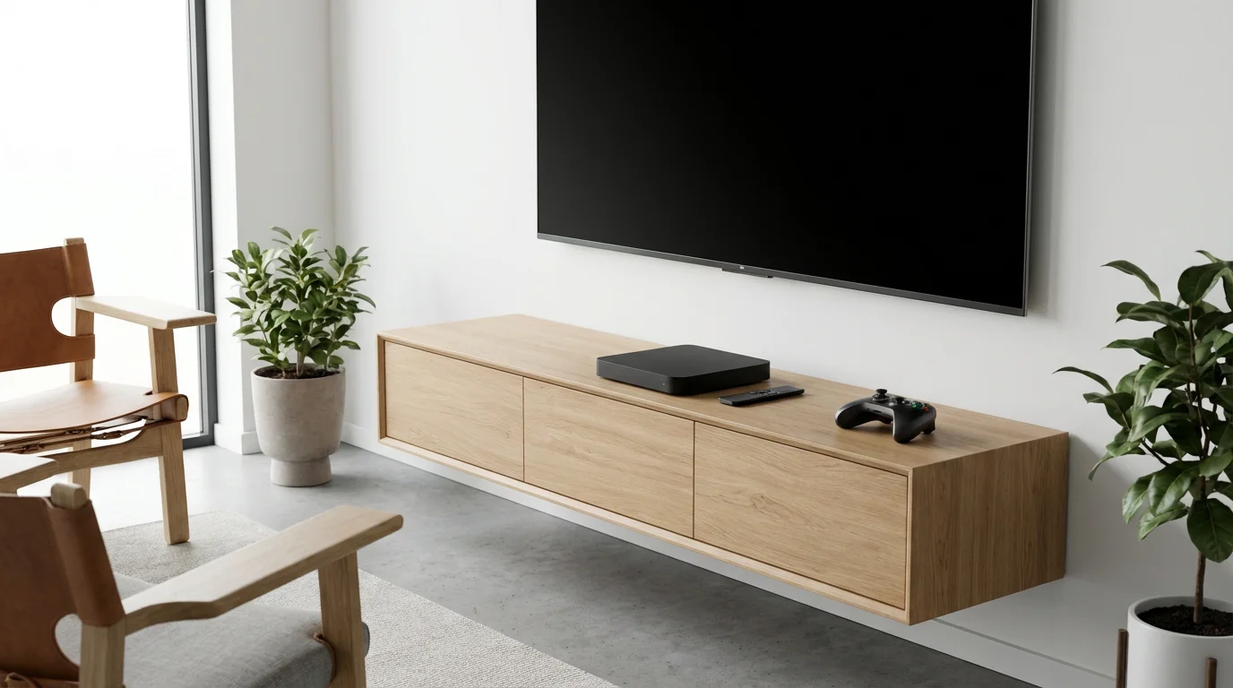 A premium streaming box and game controller on a media console in a modern living room.