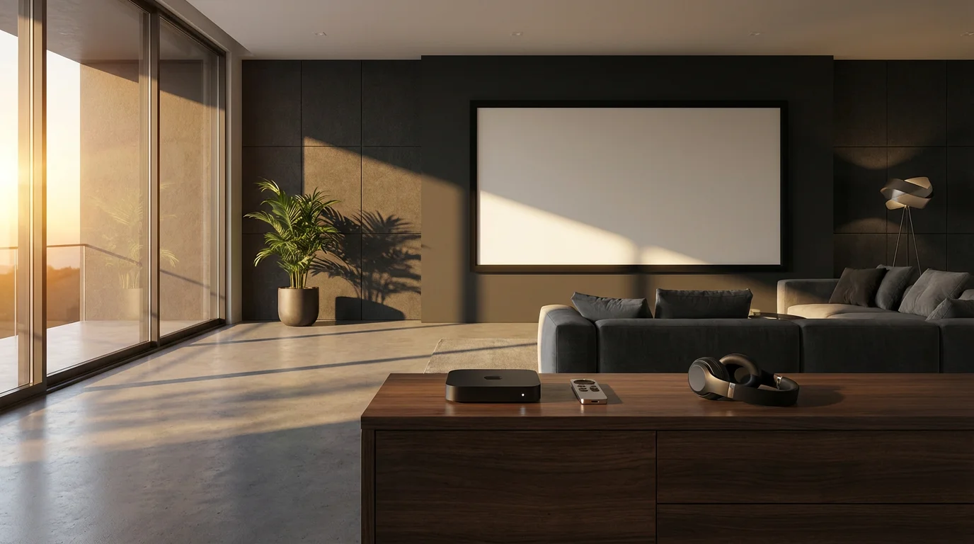A premium streaming device and headphones in a luxurious, moody home theater at sunset.