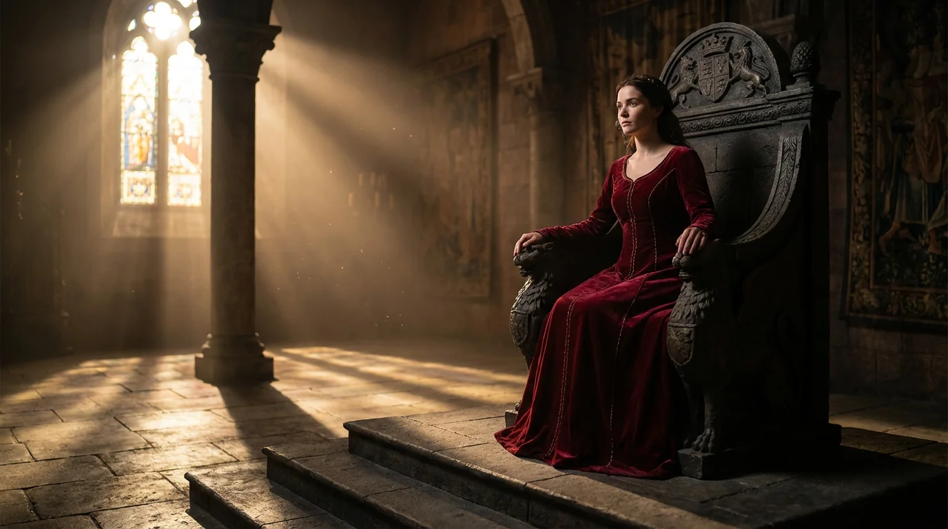 A regal queen sits on a stone throne, bathed in soft morning light.