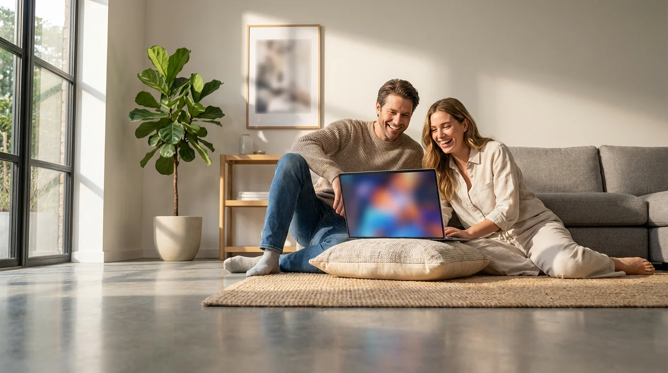 A relaxed couple on a sofa enjoying free streaming content together on a laptop.