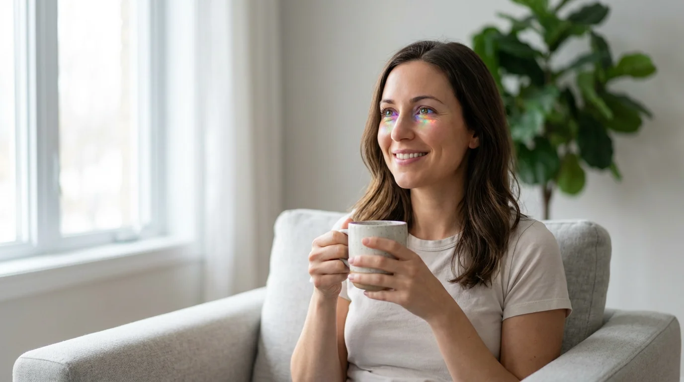 A relaxed woman sitting in an armchair by a window, enjoying a recorded show.