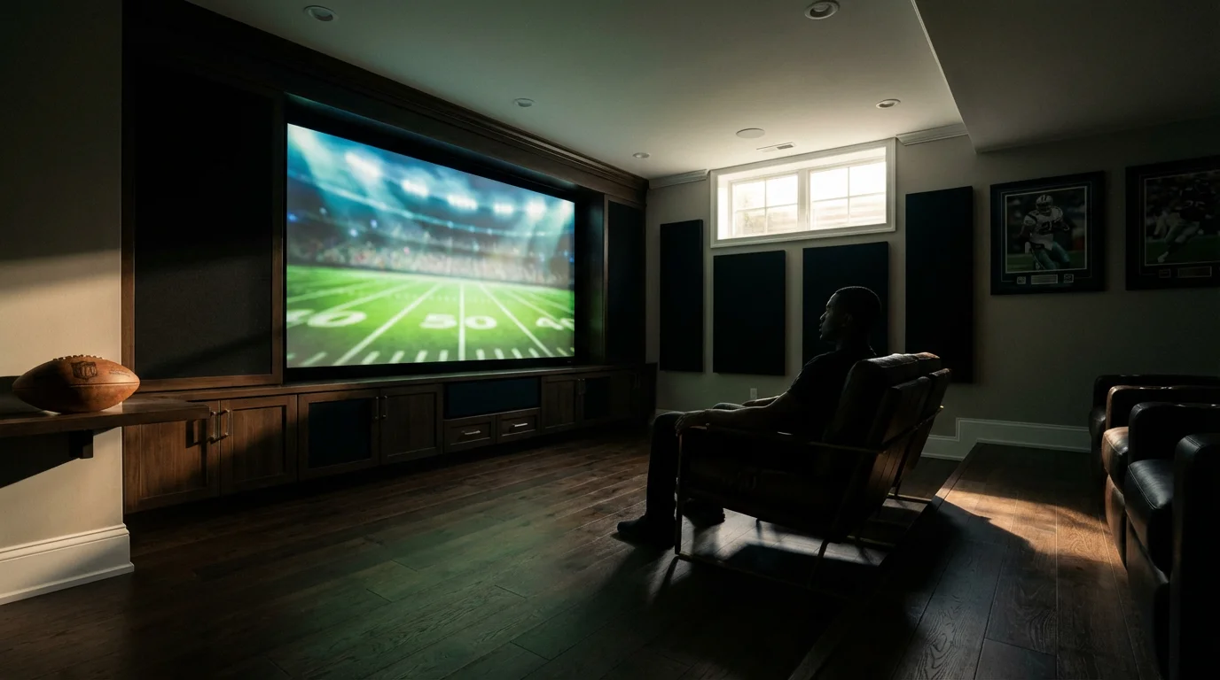 A sophisticated home media room with a person watching a blurred football game.