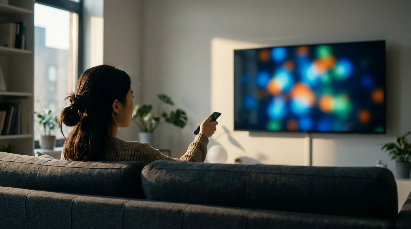 A student seen from behind, sitting on a sofa and using a remote for a TV.