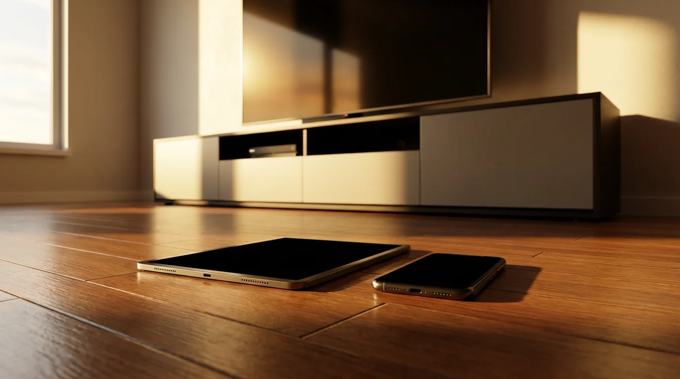 A tablet and smartphone on a living room floor at golden hour.