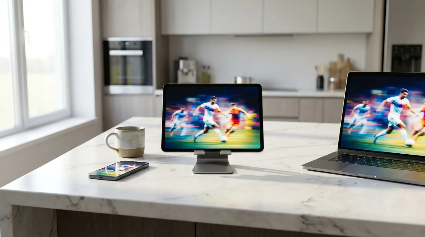 A tablet, smartphone, and laptop streaming different content on a modern kitchen island.