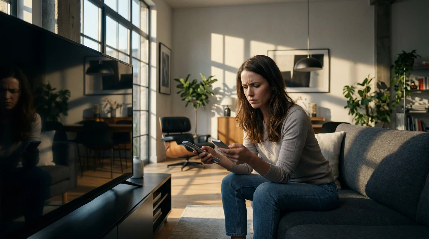 A thoughtful woman holding two different remote controls in a modern living room.