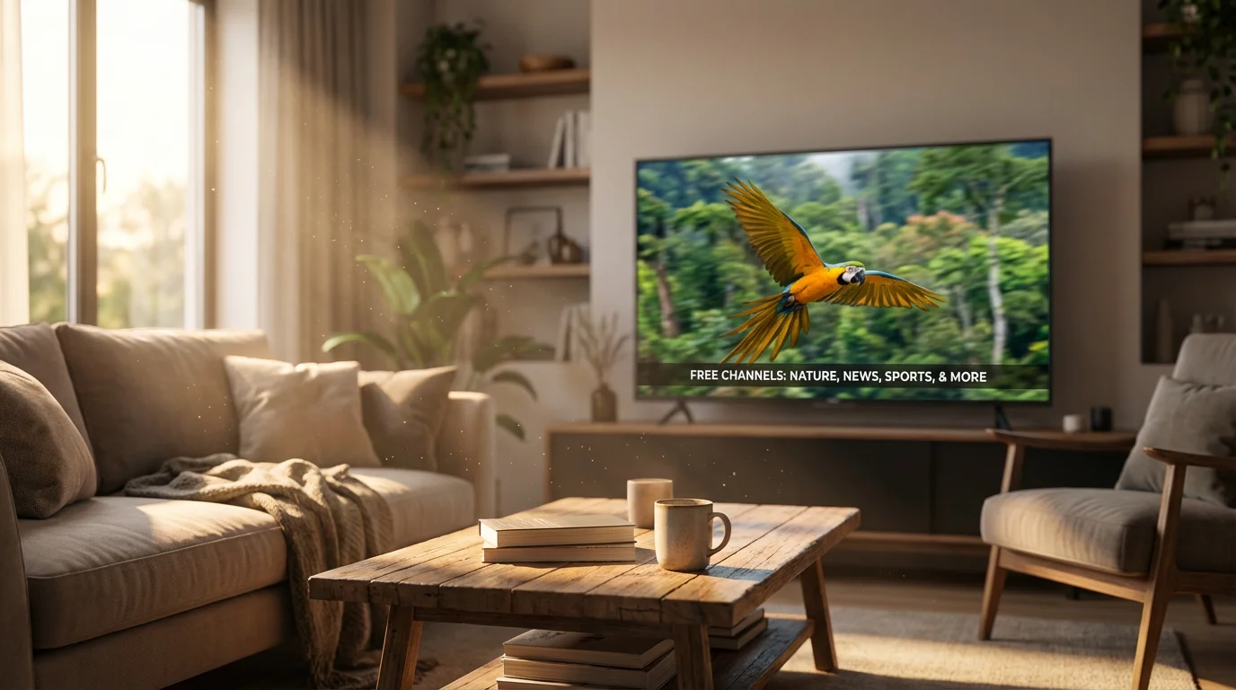A TV in a cozy living room at sunset showing a nature documentary via antenna.