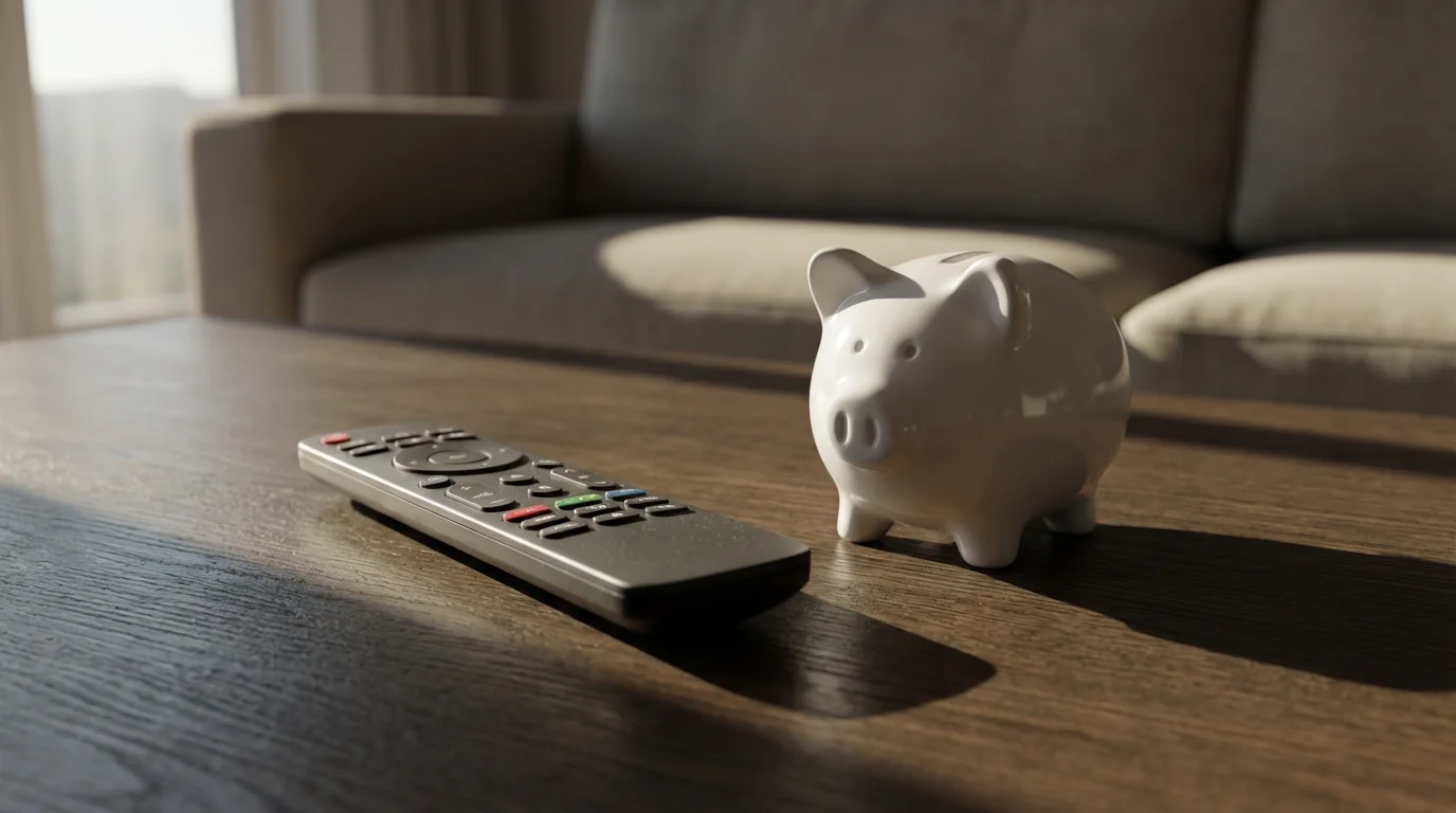 A TV remote and a piggy bank on a coffee table in moody afternoon light.